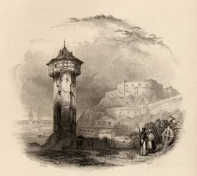 La torre romana en Thal, Ehrenbreitstein, grabado por Wallis, ilustración de 